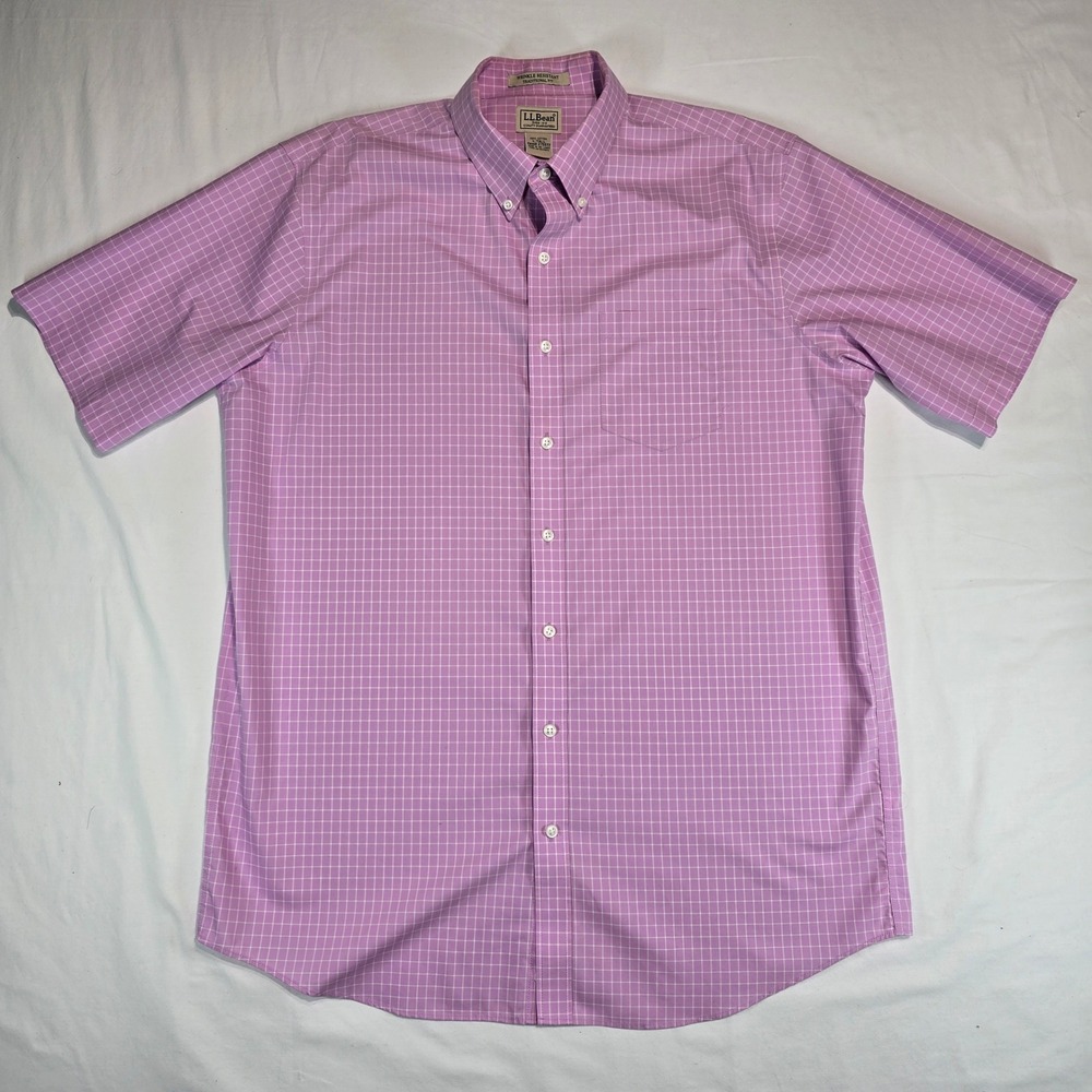 LL Bean Mens Pink Check Short Sleeve Button Down Shirt Wrinkle Resistant L Tall